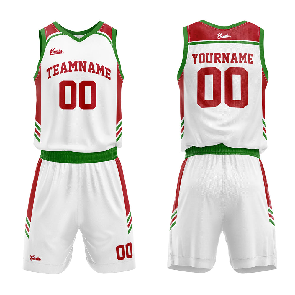 Uniforme de baloncesto personalizado blanco-rojo y verde con tu logotipo-nombre y número impresos