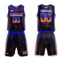 Uniforme de baloncesto personalizado en negro y naranja real con tu logotipo-nombre y número impresos