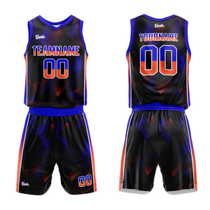 Uniforme de baloncesto personalizado en negro y naranja real con tu logotipo-nombre y número impresos