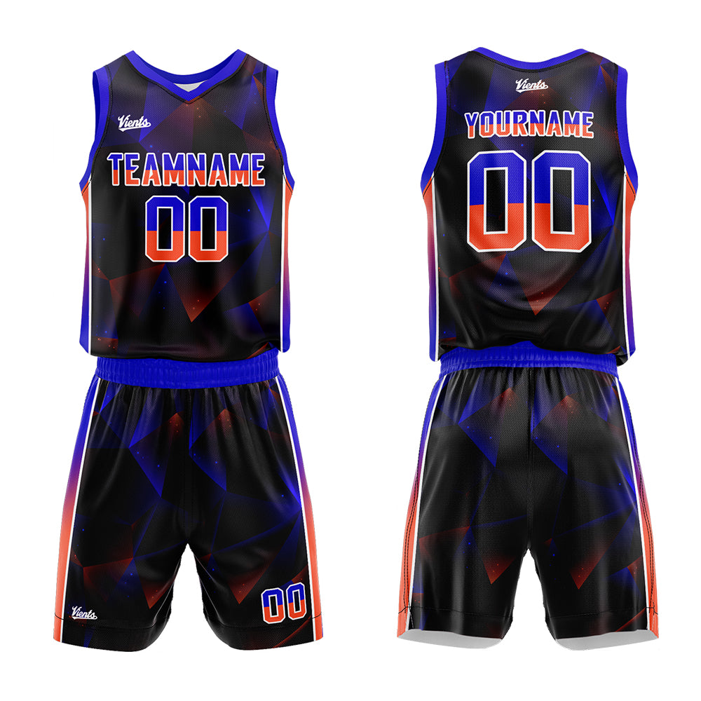 Uniforme de baloncesto personalizado en negro y naranja real con tu logotipo-nombre y número impresos