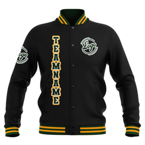Chaquetas universitarias impermeables personalizadas en negro-verde oscuro y amarillo con nombre-número y logotipo bordados a medida