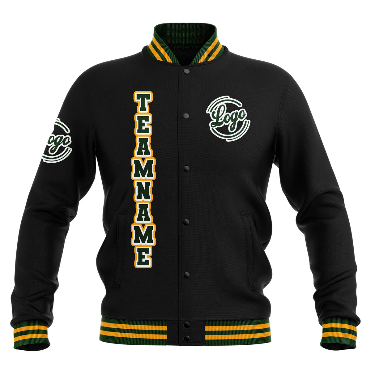 Chaquetas universitarias impermeables personalizadas en negro-verde oscuro y amarillo con nombre-número y logotipo bordados a medida