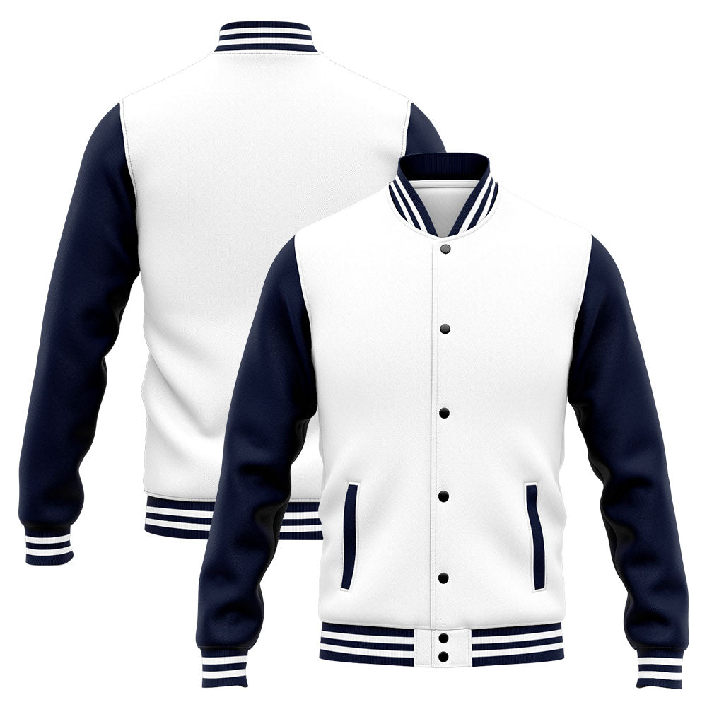 Chaqueta universitaria personalizada estilo Letterman para hombres-mujeres y jóvenes-color azul marino y blanco
