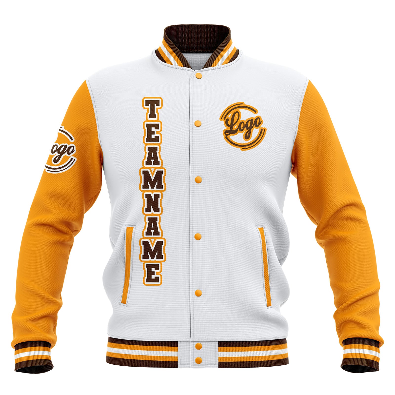 Chaquetas universitarias impermeables personalizadas en blanco-amarillo y marrón con nombre-número y logotipo bordados