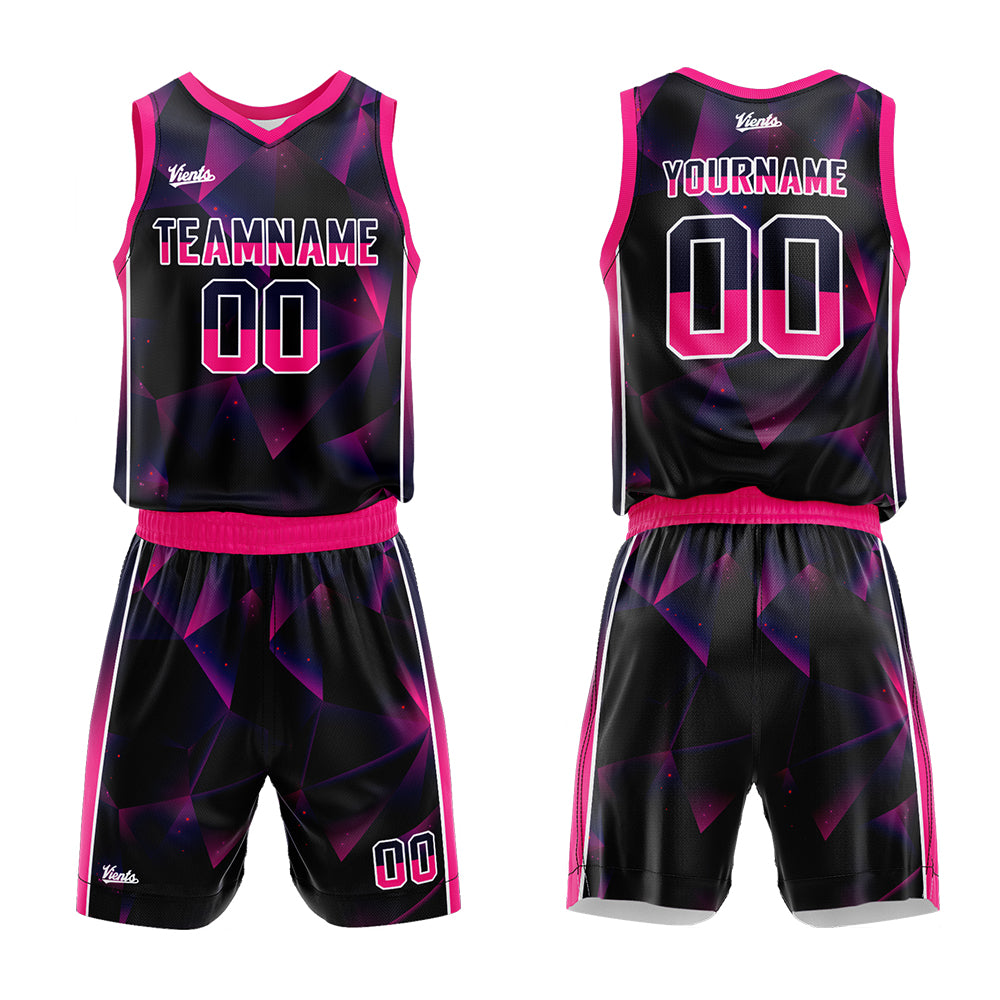 Uniforme de baloncesto personalizado en negro-azul marino y rosa con tu logotipo-nombre y número impresos
