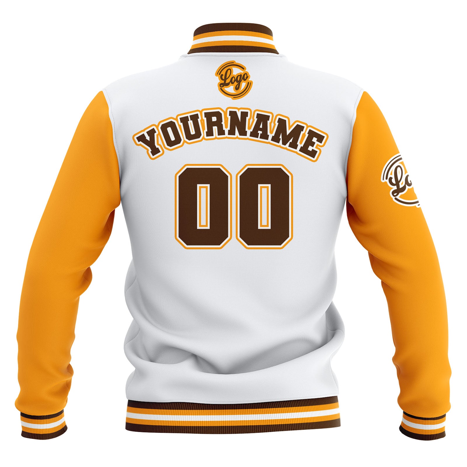 Chaquetas universitarias impermeables personalizadas en blanco-amarillo y marrón con nombre-número y logotipo bordados