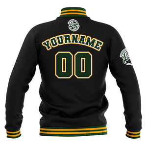 Chaquetas universitarias impermeables personalizadas en negro-verde oscuro y amarillo con nombre-número y logotipo bordados a medida