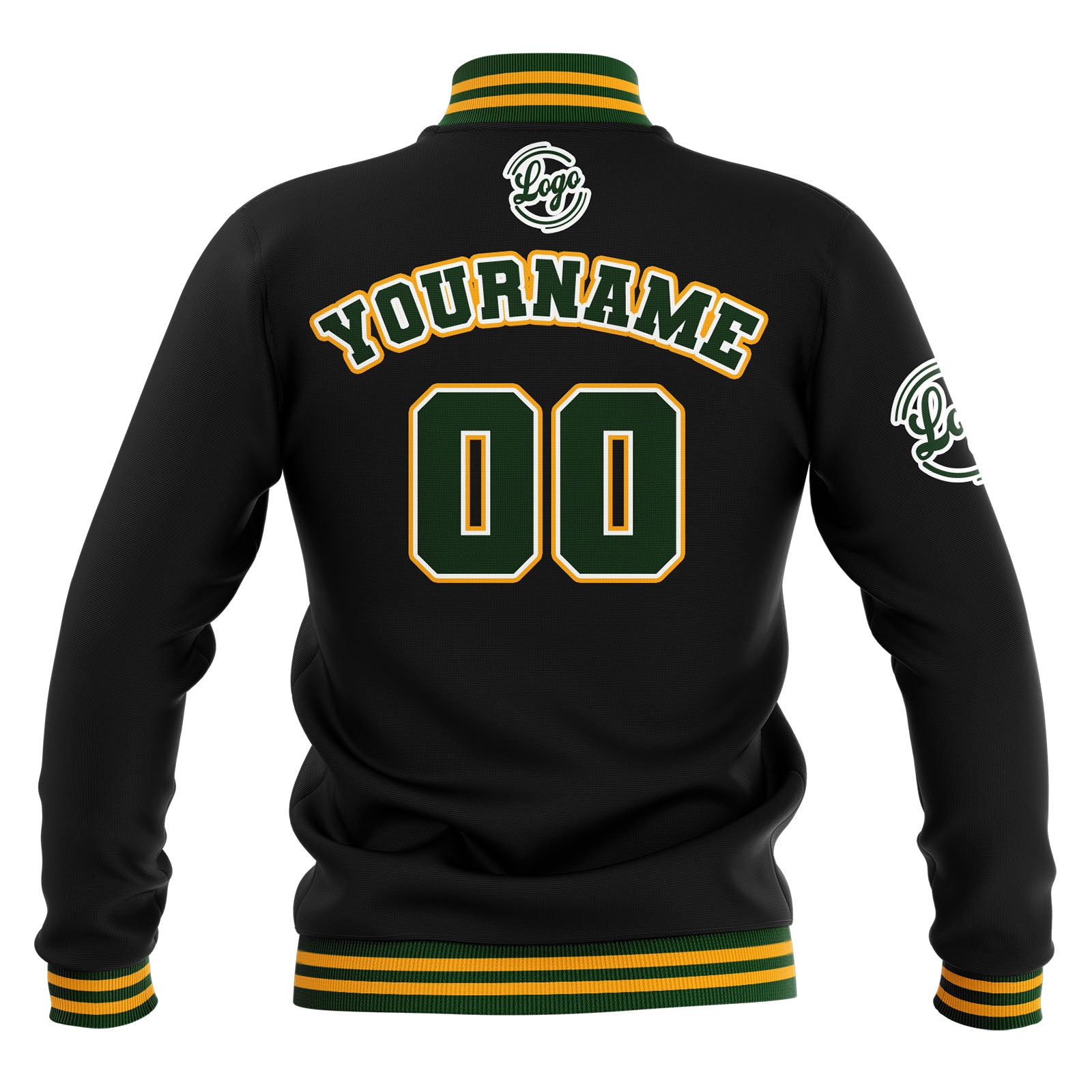 Chaquetas universitarias impermeables personalizadas en negro-verde oscuro y amarillo con nombre-número y logotipo bordados a medida