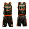 Uniforme de baloncesto personalizado negro-verde y naranja con tu logotipo-nombre y número impresos
