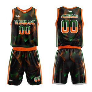 Uniforme de baloncesto personalizado negro-verde y naranja con tu logotipo-nombre y número impresos