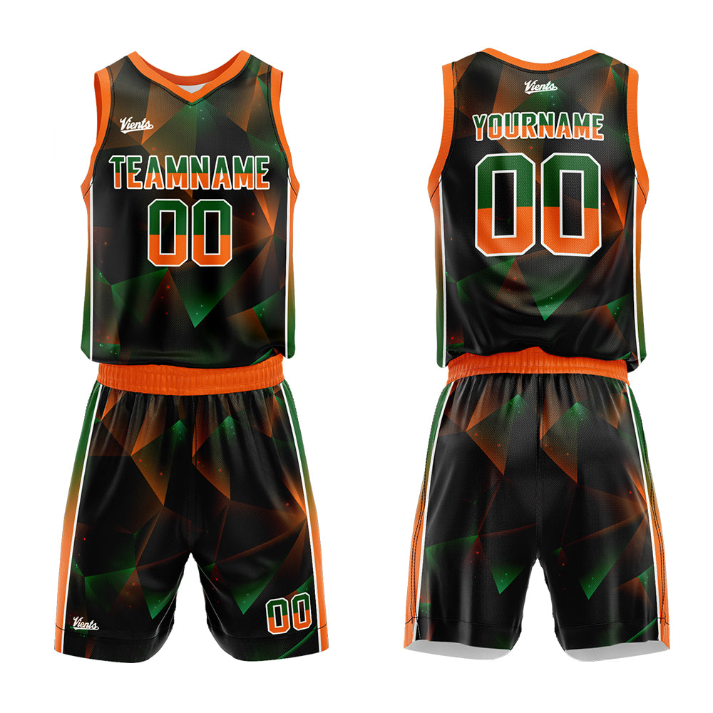 Uniforme de baloncesto personalizado negro-verde y naranja con tu logotipo-nombre y número impresos
