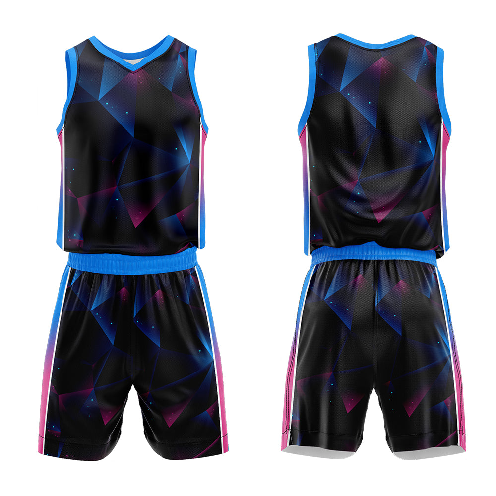 Uniforme de baloncesto personalizado en negro-azul y rosa con tu logotipo-nombre y número impresos