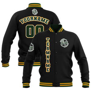 Chaquetas universitarias impermeables personalizadas en negro-verde oscuro y amarillo con nombre-número y logotipo bordados a medida