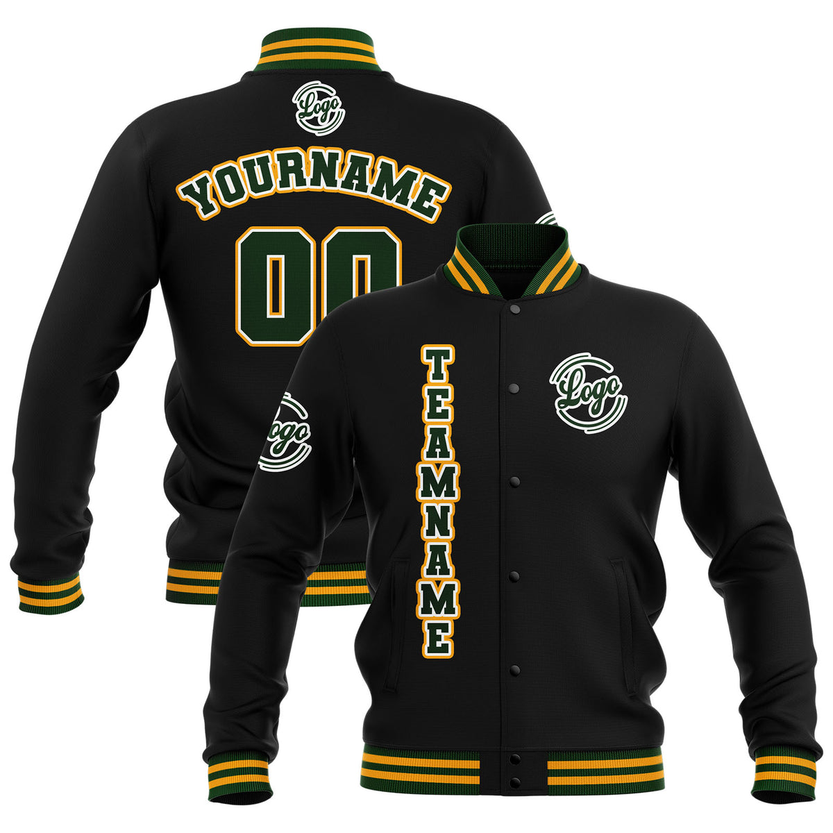 Chaquetas universitarias impermeables personalizadas en negro-verde oscuro y amarillo con nombre-número y logotipo bordados a medida