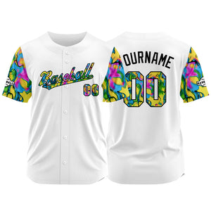 Camiseta de béisbol con dise?o personalizado estampado completo en blanco verde y amarillo