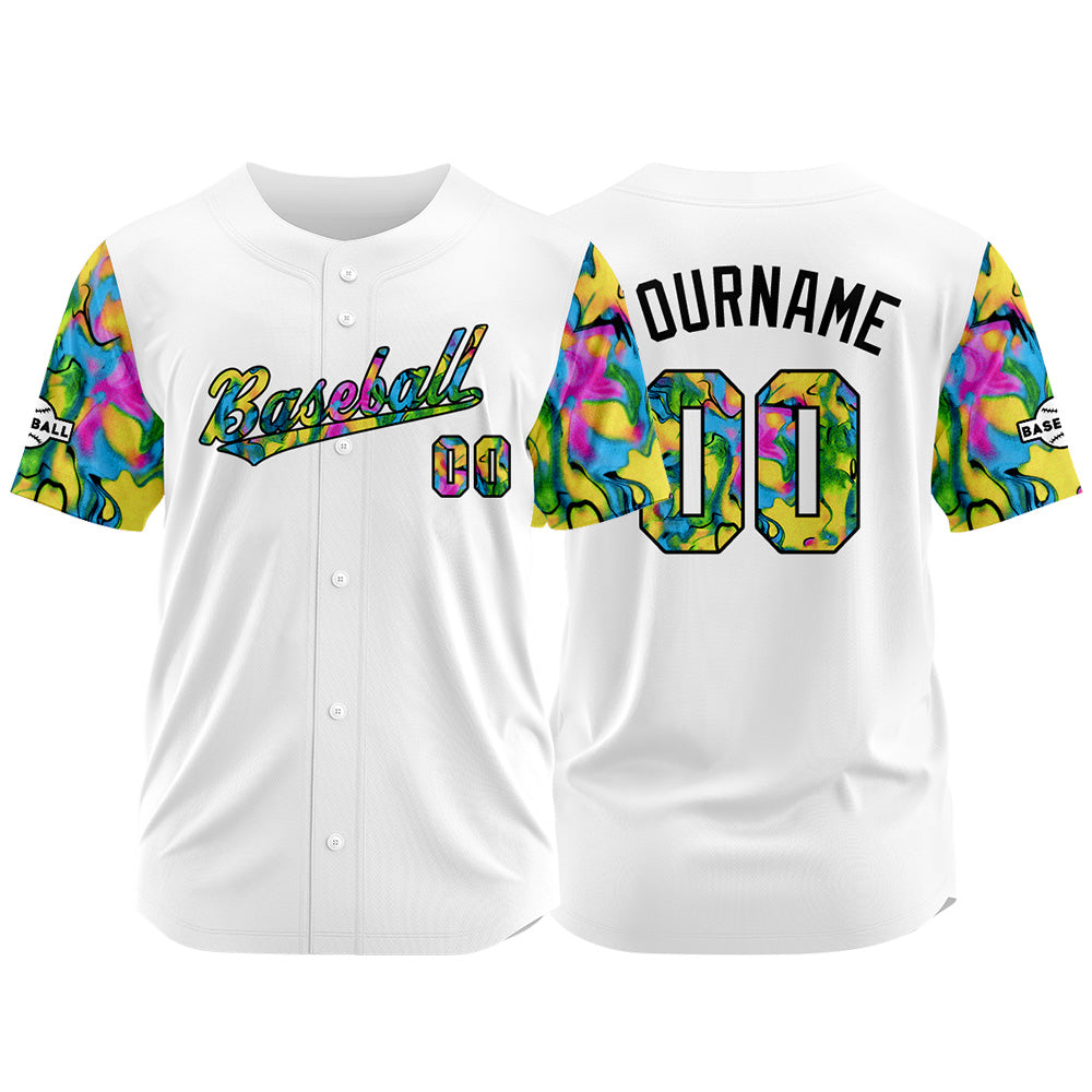 Camiseta de béisbol con dise?o personalizado estampado completo en blanco verde y amarillo