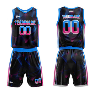 Uniforme de baloncesto personalizado en negro-azul y rosa con tu logotipo-nombre y número impresos