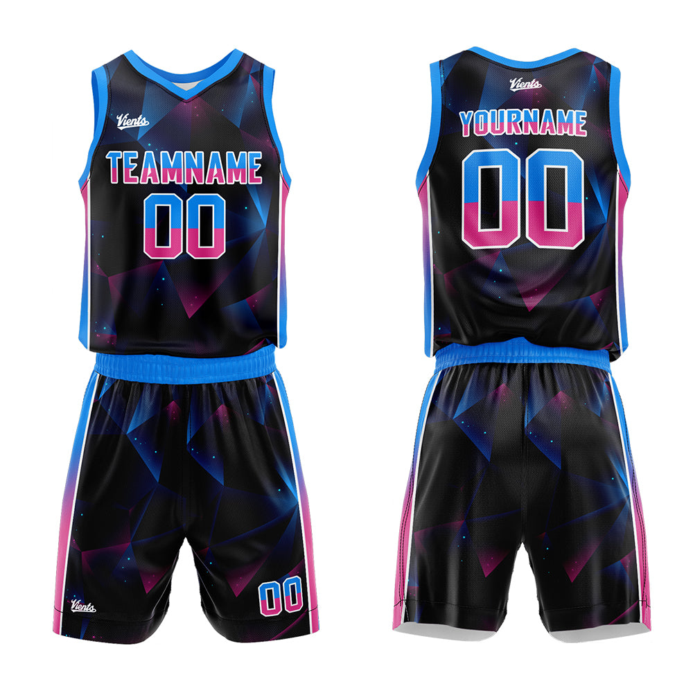 Uniforme de baloncesto personalizado en negro-azul y rosa con tu logotipo-nombre y número impresos