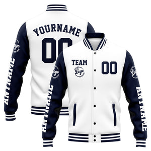 Chaqueta universitaria personalizada estilo Letterman para hombres-mujeres y jóvenes-color azul marino y blanco