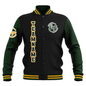 Chaquetas universitarias impermeables personalizadas en negro-verde oscuro y amarillo con nombre-número y logotipo bordados a medida