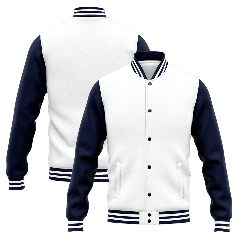 Chaqueta universitaria personalizada estilo Letterman para hombres-mujeres y jóvenes-color azul marino y blanco