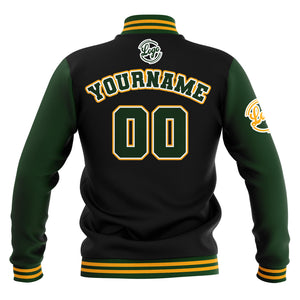 Chaquetas universitarias impermeables personalizadas en negro-verde oscuro y amarillo con nombre-número y logotipo bordados a medida