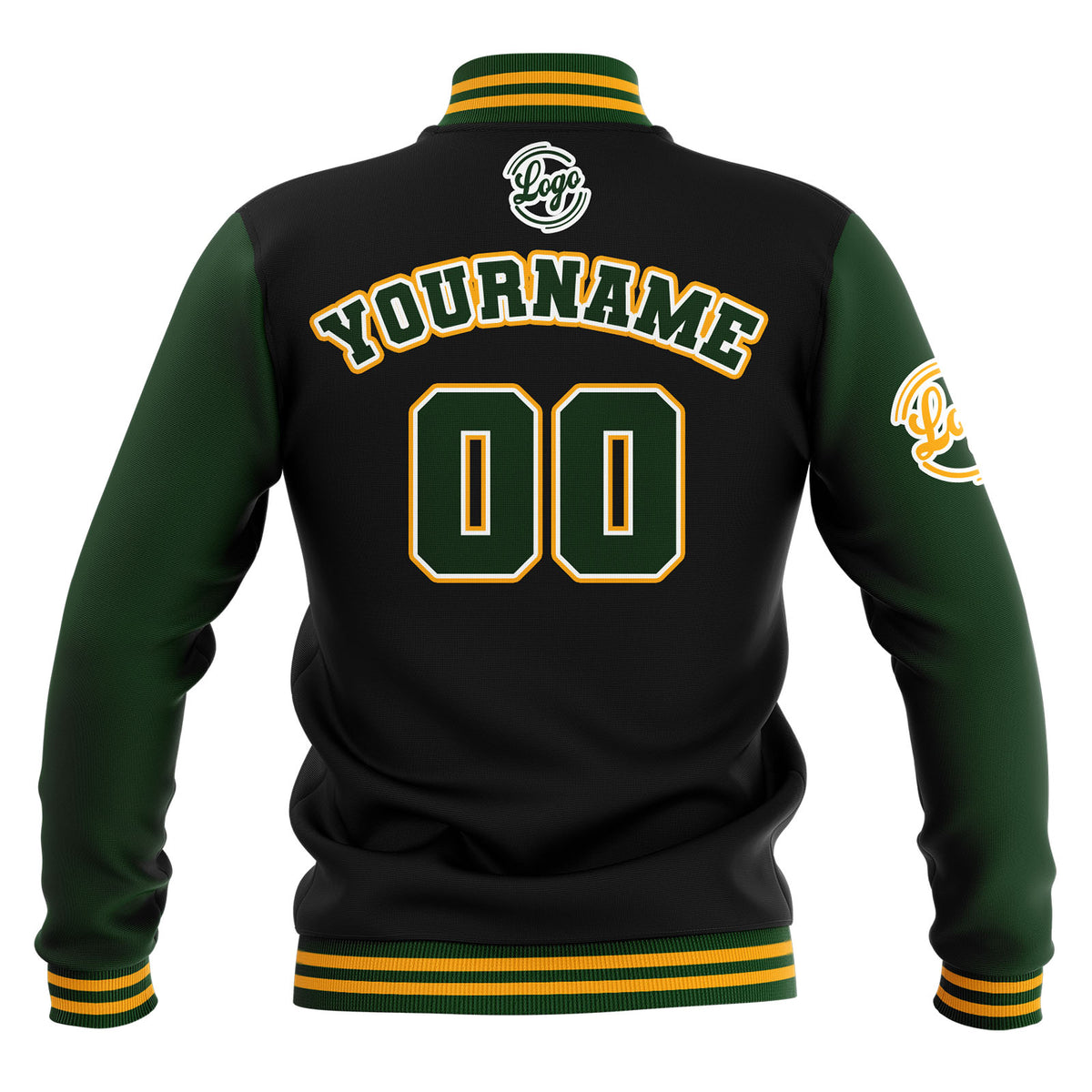Chaquetas universitarias impermeables personalizadas en negro-verde oscuro y amarillo con nombre-número y logotipo bordados a medida