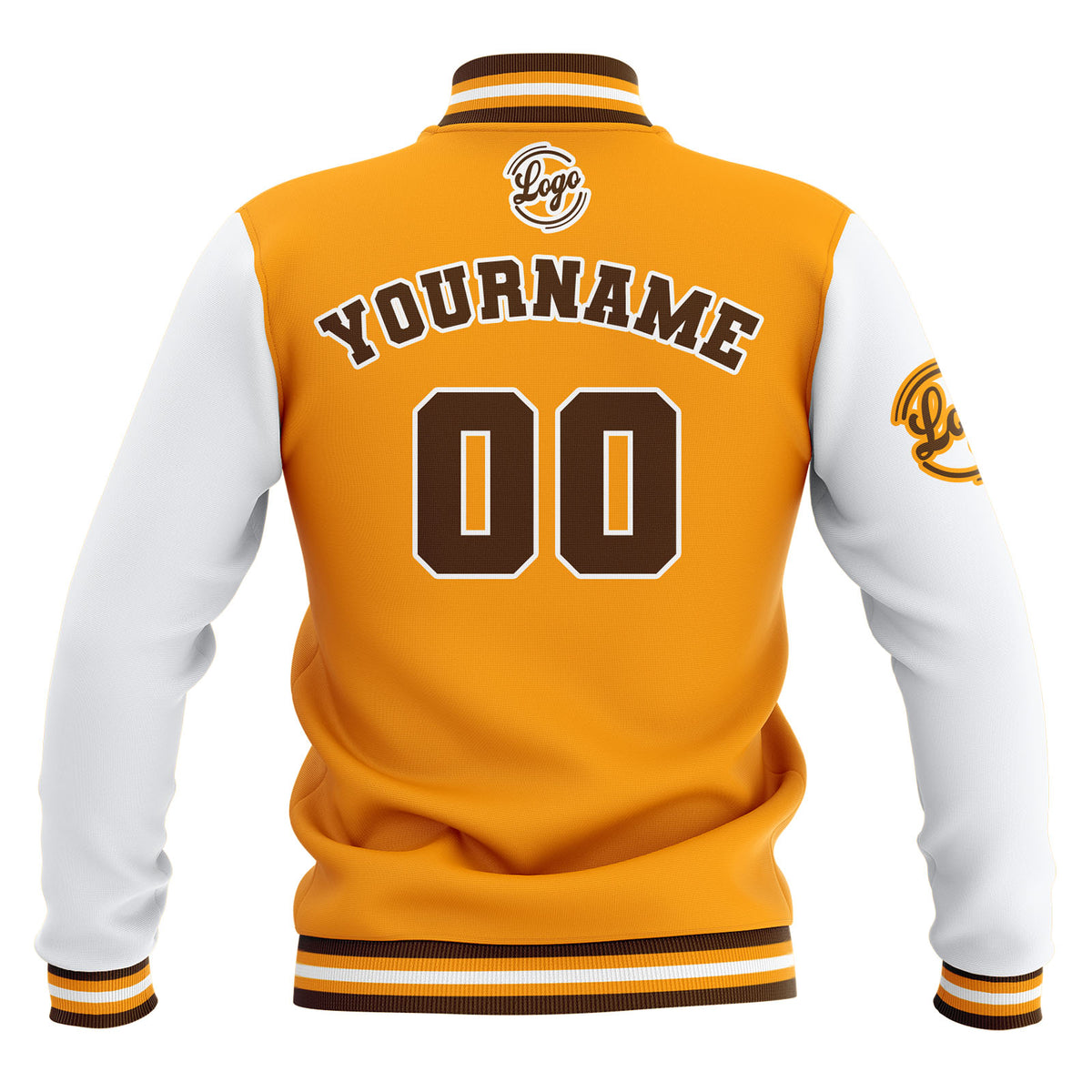 Chaquetas universitarias impermeables personalizadas en amarillo-blanco y marrón con nombre-número y logotipo bordados