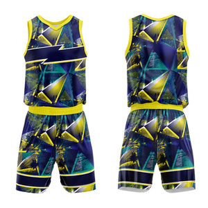 Uniforme de baloncesto personalizado azul marino y amarillo con tu logotipo-nombre y número impresos