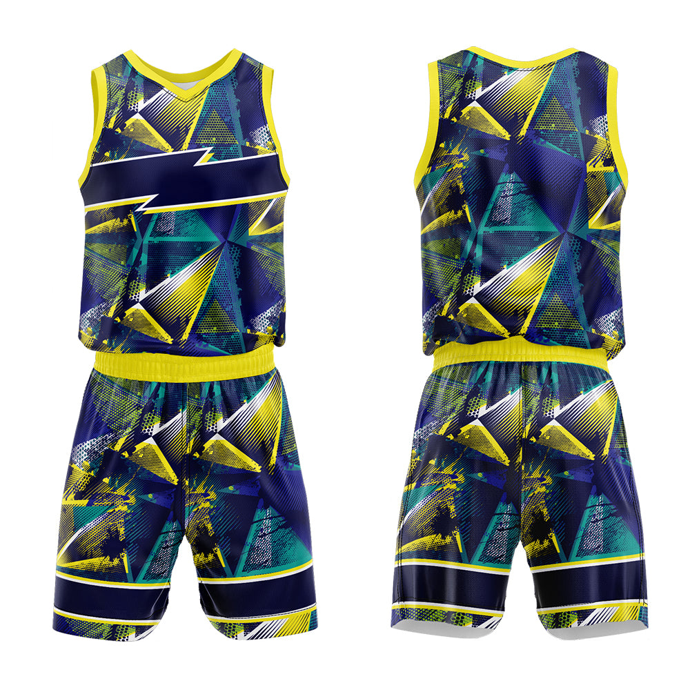 Uniforme de baloncesto personalizado azul marino y amarillo con tu logotipo-nombre y número impresos
