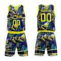 Uniforme de baloncesto personalizado azul marino y amarillo con tu logotipo-nombre y número impresos