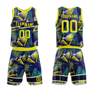 Uniforme de baloncesto personalizado azul marino y amarillo con tu logotipo-nombre y número impresos