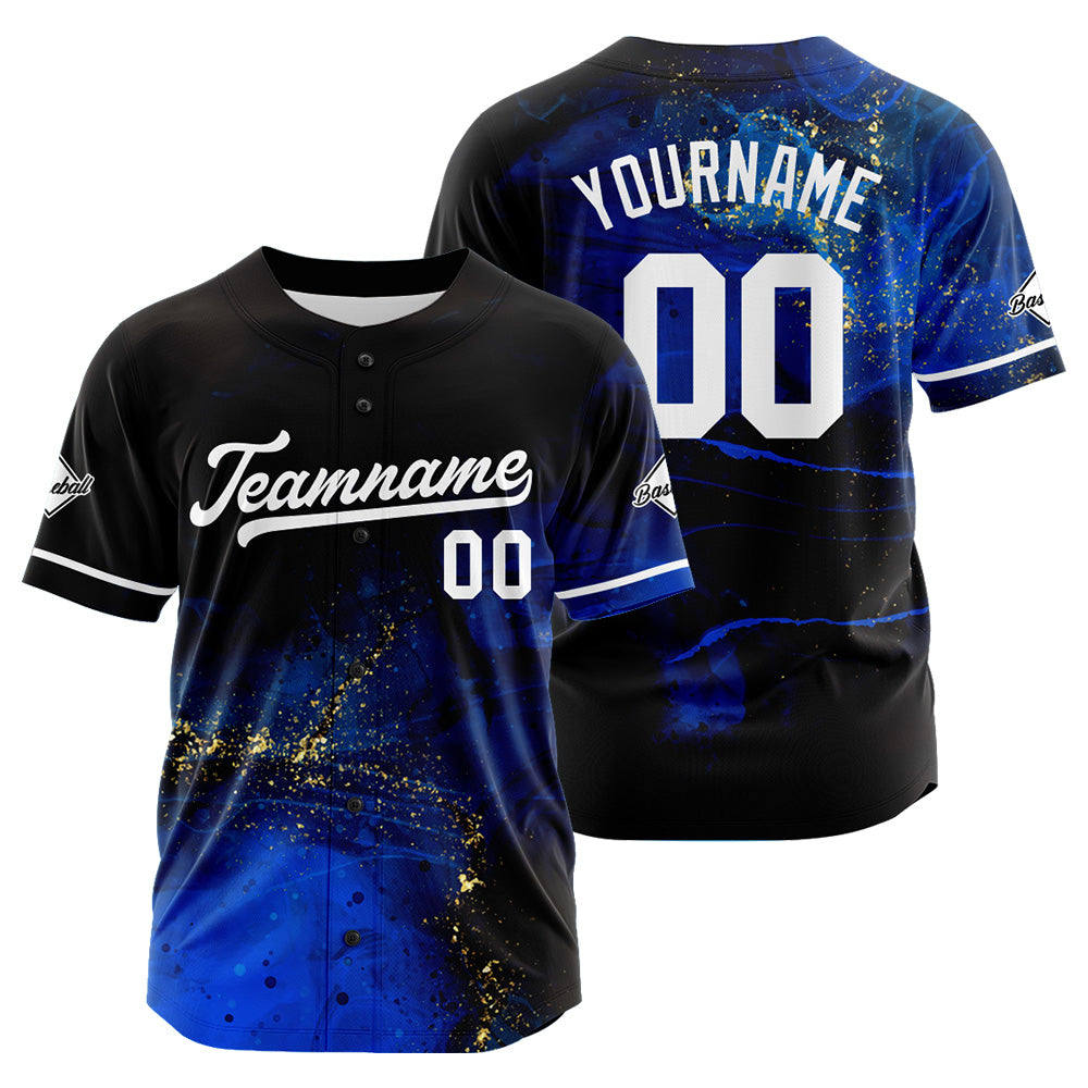 Camiseta de béisbol con dise?o personalizado estampado completo en negro y azul