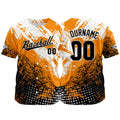Camiseta de béisbol con dise?o personalizado estampado completo en naranja negro y blanco