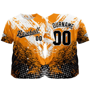 Camiseta de béisbol con dise?o personalizado estampado completo en naranja negro y blanco