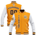 Chaquetas universitarias impermeables personalizadas en amarillo-blanco y marrón con nombre-número y logotipo bordados