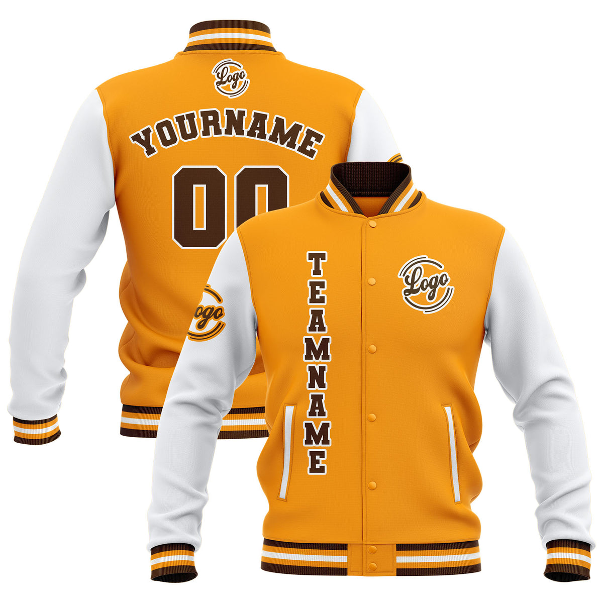 Chaquetas universitarias impermeables personalizadas en amarillo-blanco y marrón con nombre-número y logotipo bordados