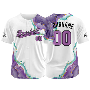 Dise?o personalizado de camiseta de béisbol con estampado completo en blanco morado y verde