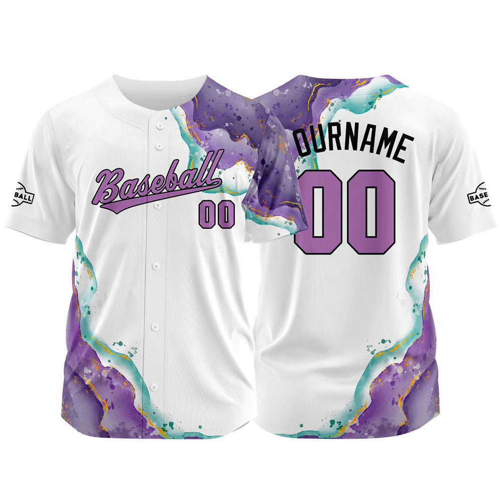 Dise?o personalizado de camiseta de béisbol con estampado completo en blanco morado y verde