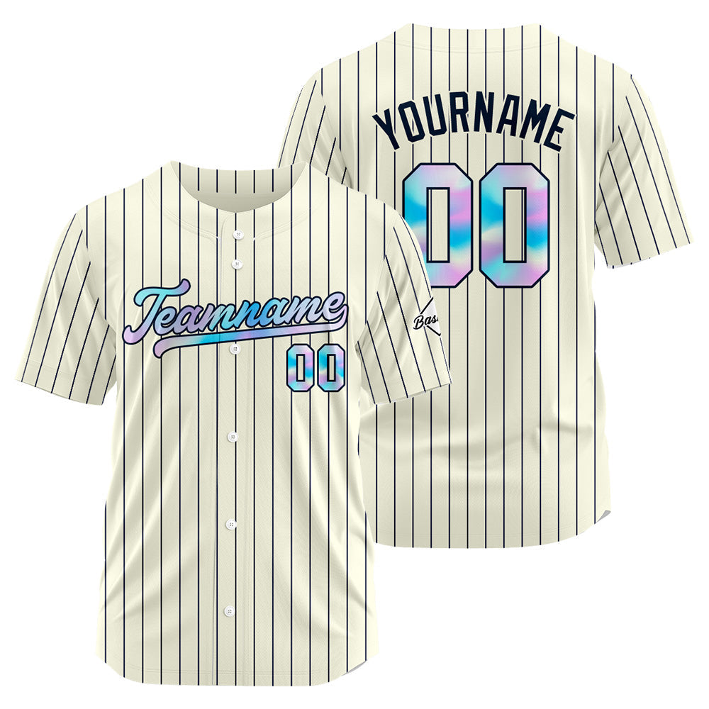 Camiseta de béisbol personalizada de rayas color crema y azul marino con diseño bordado Camisetas de béisbol de hip hop personalizadas
