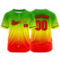 Dise?o personalizado de camiseta de béisbol con estampado completo en naranja amarillo y verde