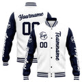 Chaqueta universitaria personalizada estilo Letterman para hombres-mujeres y jóvenes-color azul marino y blanco