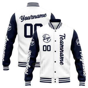 Chaqueta universitaria personalizada estilo Letterman para hombres-mujeres y jóvenes-color azul marino y blanco