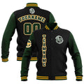 Chaquetas universitarias impermeables personalizadas en negro-verde oscuro y amarillo con nombre-número y logotipo bordados a medida