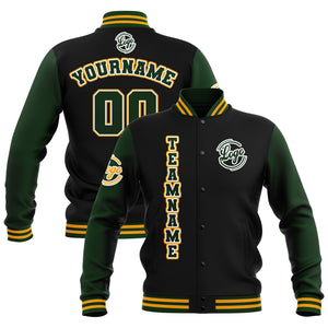 Chaquetas universitarias impermeables personalizadas en negro-verde oscuro y amarillo con nombre-número y logotipo bordados a medida