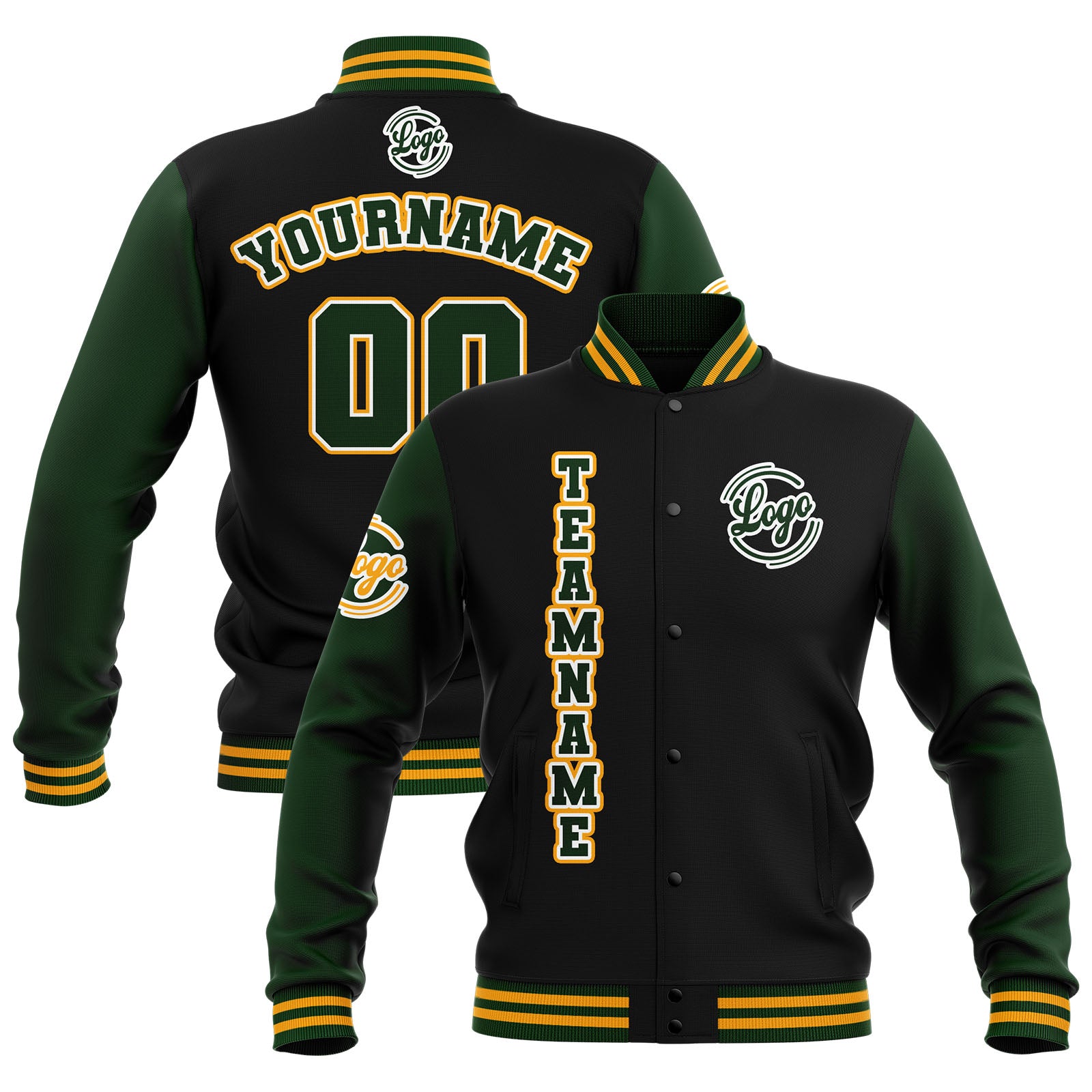 Chaquetas universitarias impermeables personalizadas en negro-verde oscuro y amarillo con nombre-número y logotipo bordados a medida