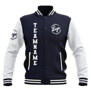Chaquetas universitarias impermeables personalizadas en azul marino y blanco con nombre-número y logotipo bordados a medida