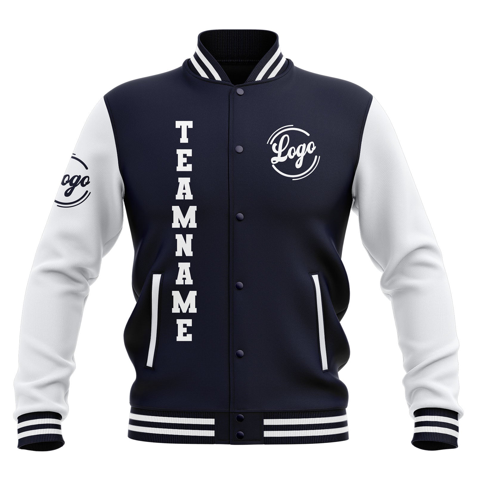 Chaquetas universitarias impermeables personalizadas en azul marino y blanco con nombre-número y logotipo bordados a medida