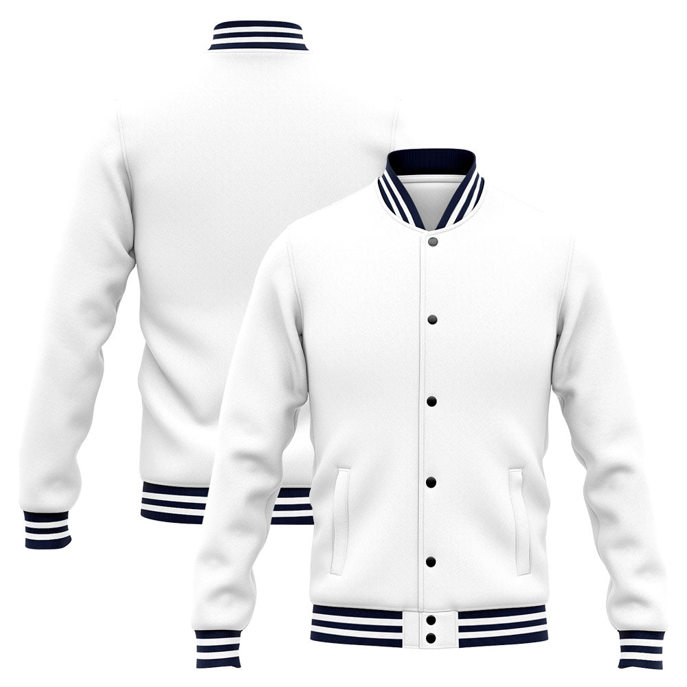 Chaqueta universitaria personalizada estilo Letterman para hombres-mujeres y jóvenes-color azul marino y blanco