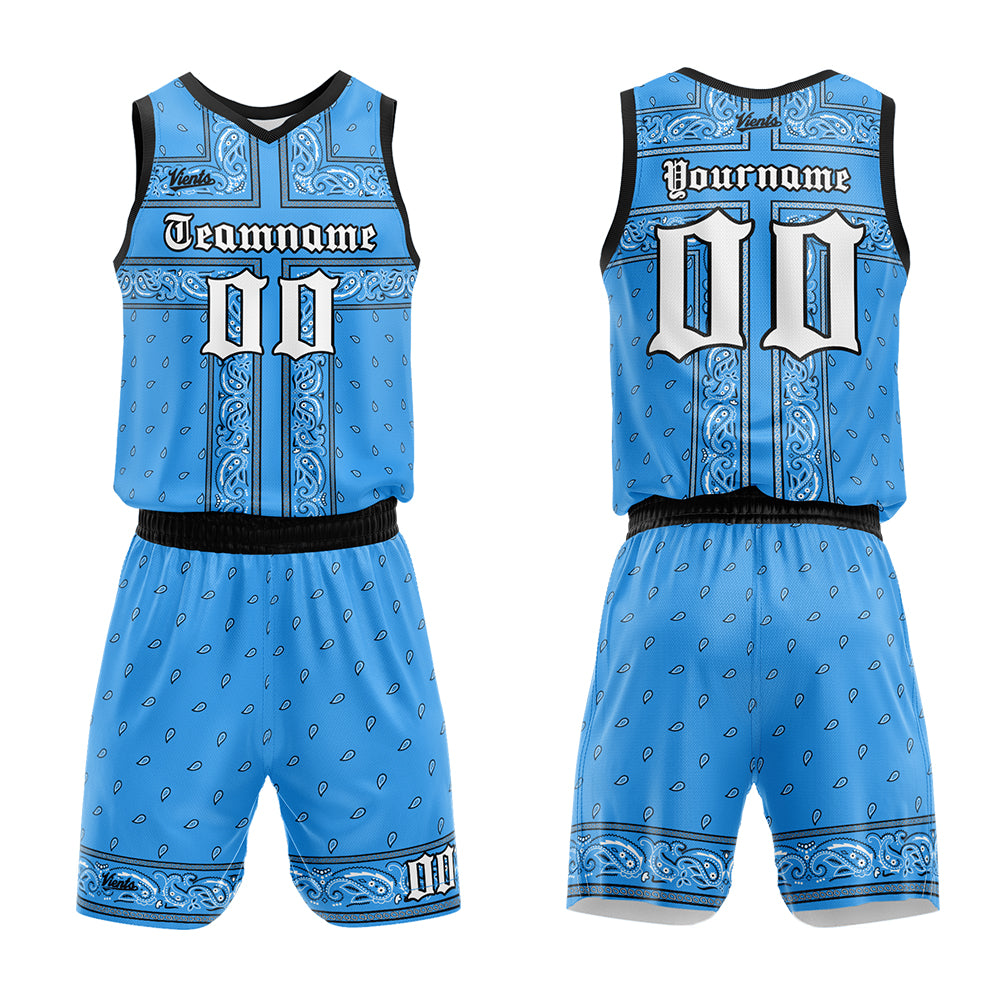Uniforme de baloncesto personalizado azul claro y negro con tu logotipo-nombre y número impresos